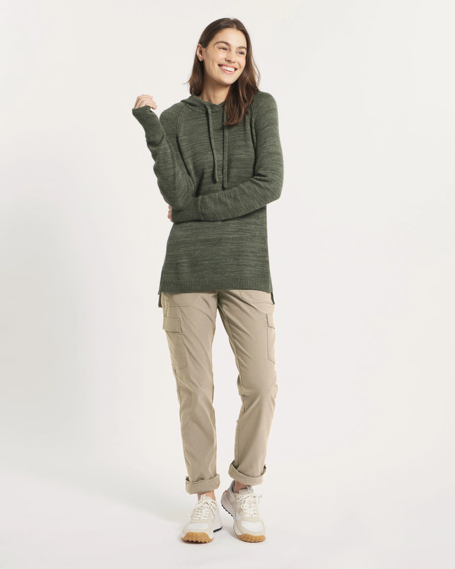 Full Height Shot of Model in Lightweight Women's Hoodie Sweater in Eucalyptus / Dark Green – PAKA Apparel