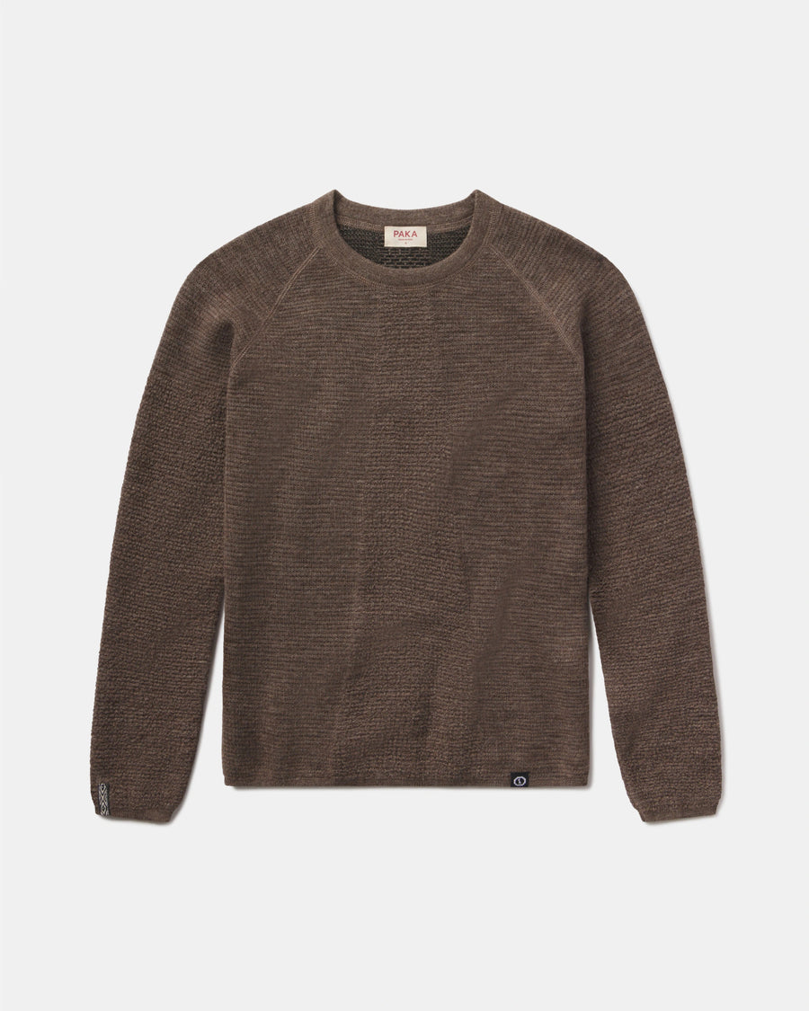 Women's Mountain Crew sweater in Wood on a light gray background
