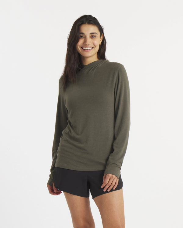 Model Wearing Andean Moss / Dark Green Alpaca and Tencel Sol Women's Sun Hoodie – PAKA Apparel
