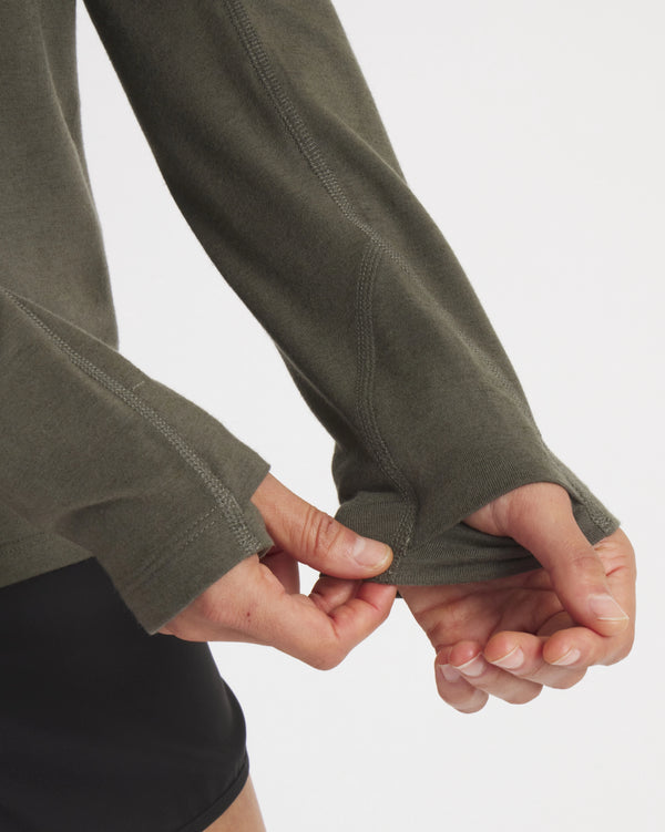 Hands Through Thumbholes of Andean Moss / Dark Green Sol Women's Sun Hoodie – PAKA Apparel