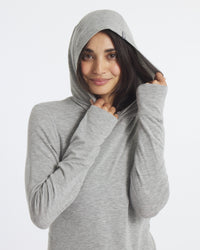 Model with Hood Up on Sol Heather Grey Women's Breathable UPF Sun Protection Hoodie – PAKA Apparel