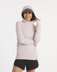 Model in Cap with Hood Up on Lilac / Light Pink Sol Women's Lightweight Sun Protection Hoodie – PAKA Apparel