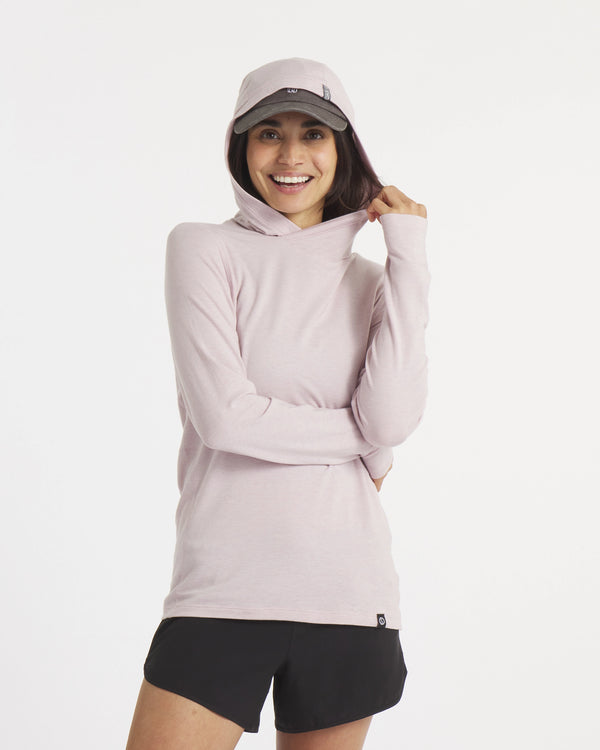 Model in Cap with Hood Up on Lilac / Light Pink Sol Women's Lightweight Sun Protection Hoodie – PAKA Apparel