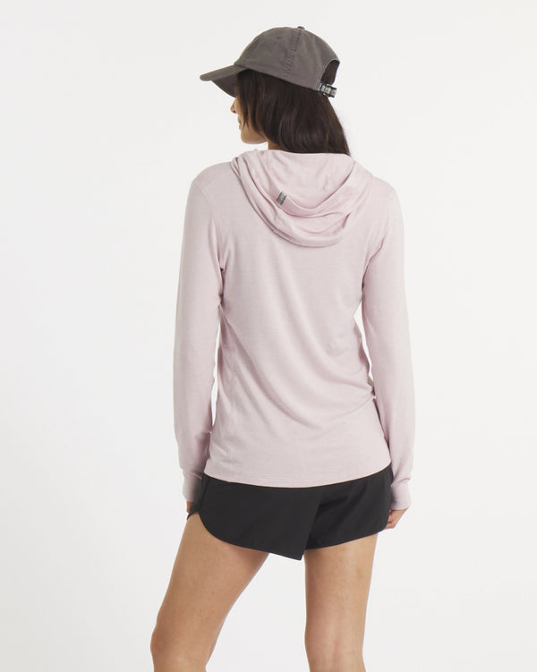 Back of Model in Sol Women's Sun Hoodie for Outdoors in Lilac / Light Pink – PAKA Apparel