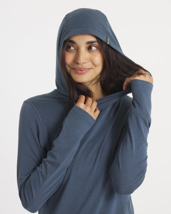 Model with Hood Up Wearing Navy Sol Women's Lightweight and Breathable Sun Hoodie – PAKA Apparel