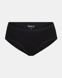 Front view of Women’s Essential Boy Short in black showing coverage and elastic waistband with visible PAKA logo