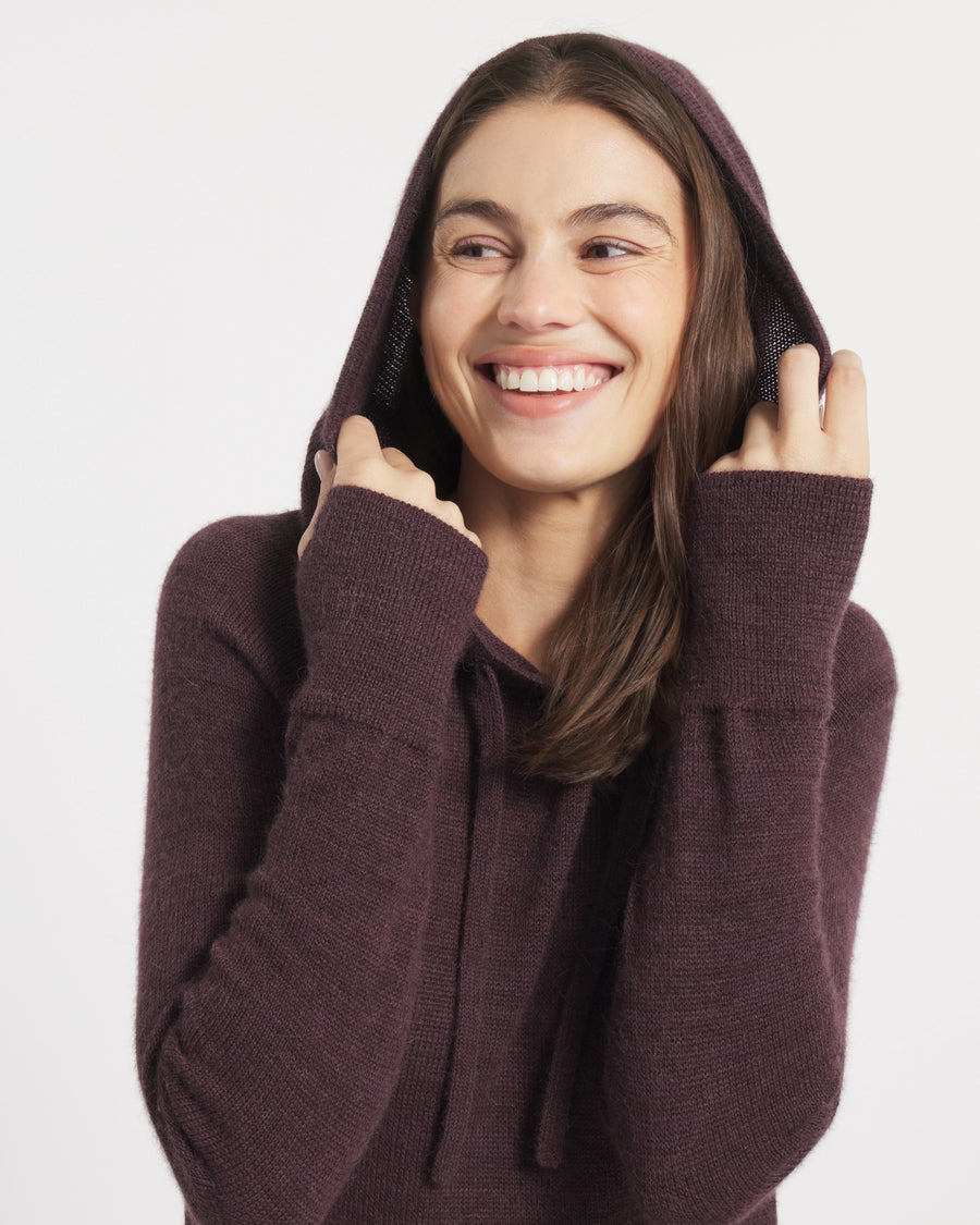 Model with Hood Up on Women's Hoodie Pullover Sweater in Fig / Burgundy – PAKA Apparel