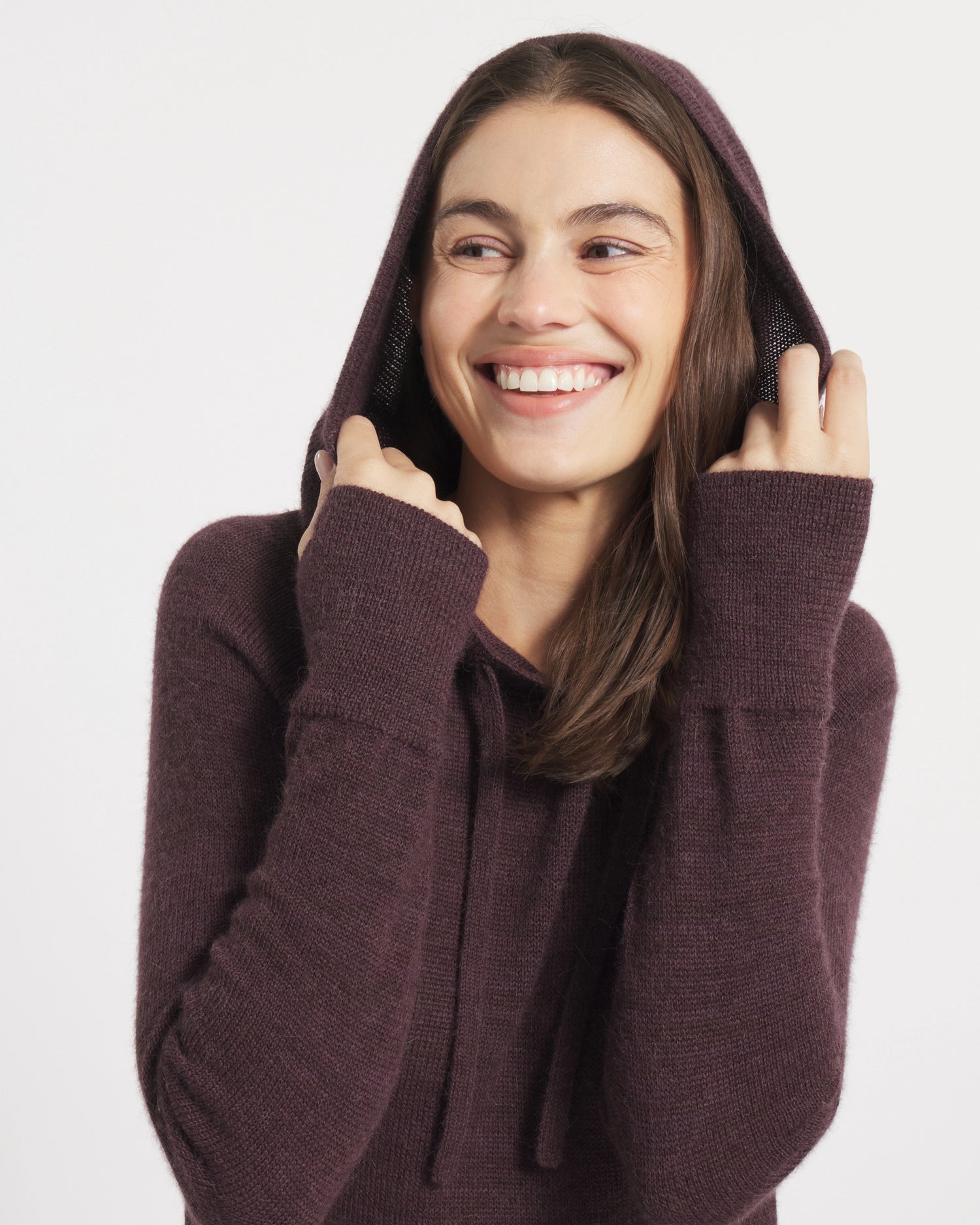 Model with Hood Up on Women's Hoodie Pullover Sweater in Fig / Burgundy – PAKA Apparel