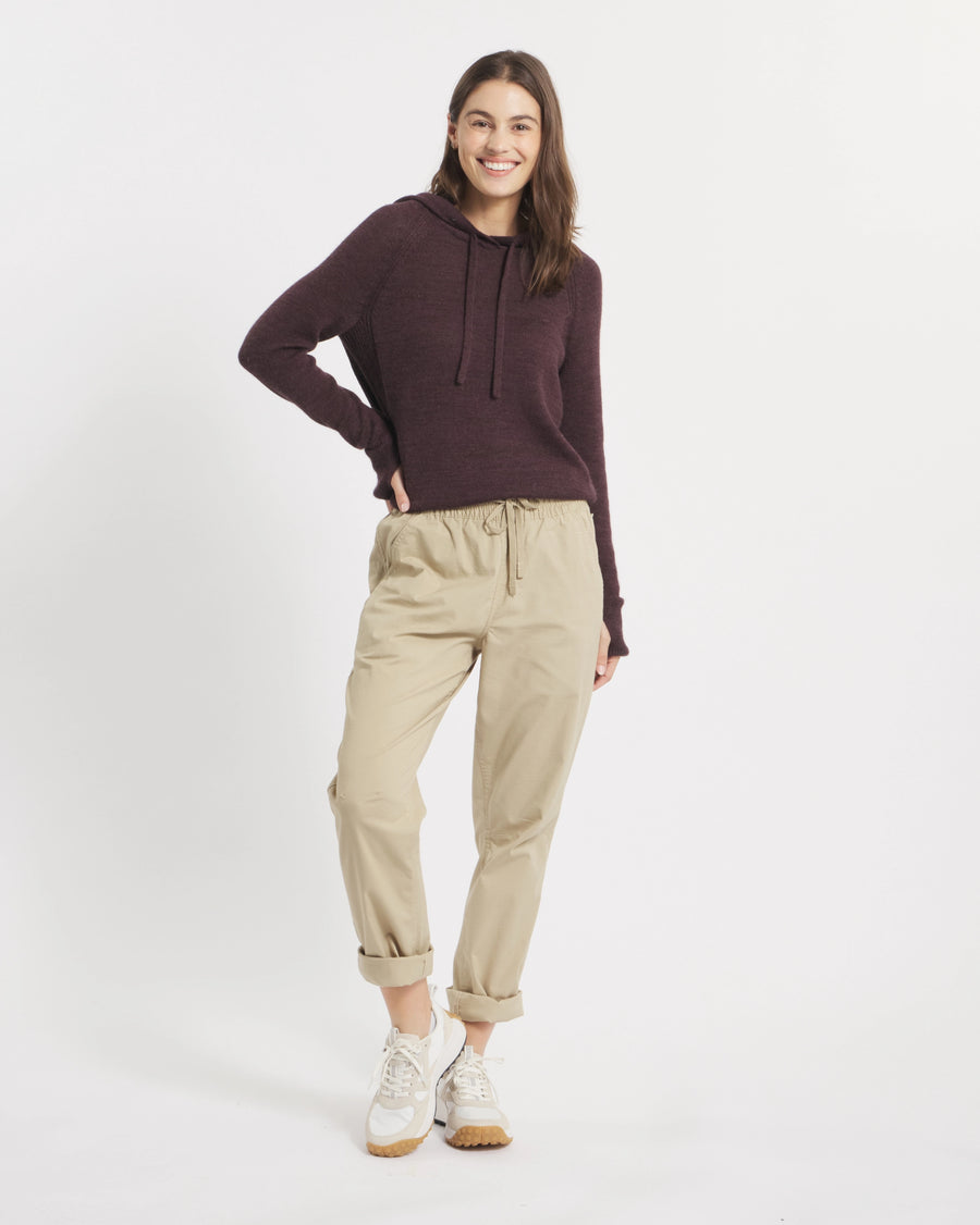 Full Height Shot of Model in Lightweight Alpaca Women's Hoodie in Fig / Burgundy – PAKA Apparel