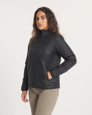Model with Left Hand in Pocket Wearing Women's Mayu Ultralight Puffer Jacket in Black – PAKA Apparel