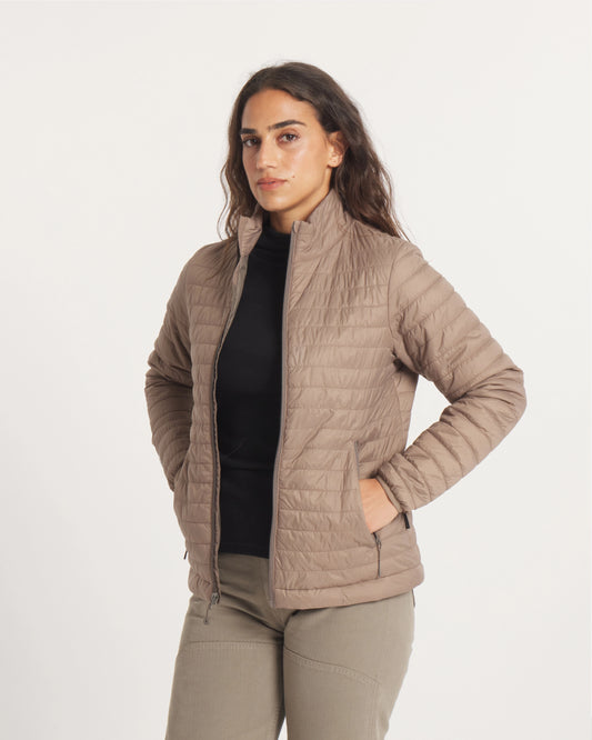Model Wearing Fossil / Tan Women's Ethically Made Mayu Ultralight Jacket – PAKA Apparel