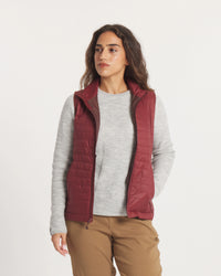 Model Wearing Women's Mayu Ultralight Hiking Vest in Burgundy – PAKA Apparel