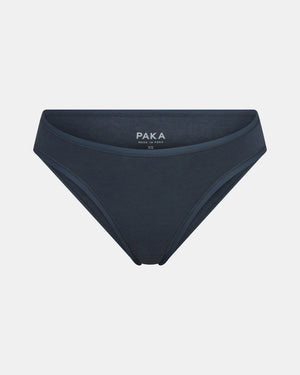 Front view of Women’s Essential Bikini Brief in navy, mid-rise cut with elastic waistband on light gray background