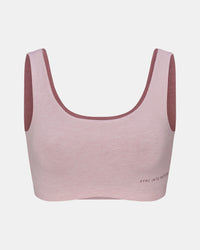 Pink sports bra with maroon straps on a light gray background