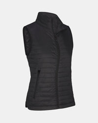 Three-quarter view of Women’s Mayu Ultralight Vest in black showing quilted insulation and zip pockets on gray background