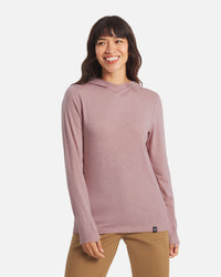 Front view of Women’s Sol Hoodie in Woodrose showing crossover hood and long sleeves with hidden thumbholes on white background