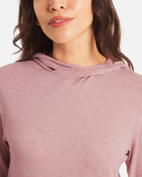 Close-up front view of Women’s Sol Hoodie in Woodrose showing crossover hood and heathered fabric on white background