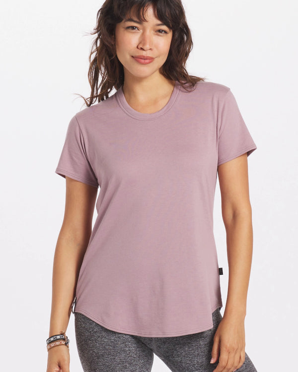 Woman's Lightweight Alpaca T-Shirt in Quail / Pink on Model – PAKA Apparel