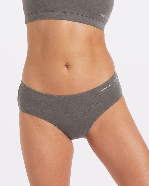 Torso and Waistline of Model in Forage Grey Women’s Sustainable Underwear – PAKA Apparel
