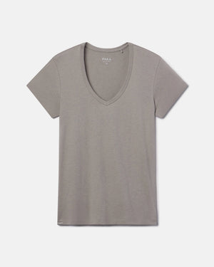 Front flat lay of Women’s Essential V-neck T-shirt in stone showcasing deep v-neck and short sleeves on light gray background