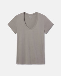 Front flat lay of Women’s Essential V-neck T-shirt in stone showcasing deep v-neck and short sleeves on light gray background