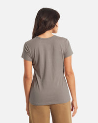 Back view of Women’s V-neck t-shirt in Stone showcasing regular fit, short sleeves and drape with white background