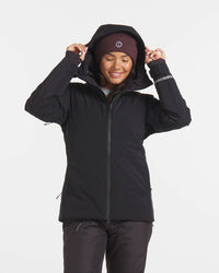 Woman Smiling with Hood Up on Black Apu Parka Ski and Snowboard Jacket – PAKA Apparel