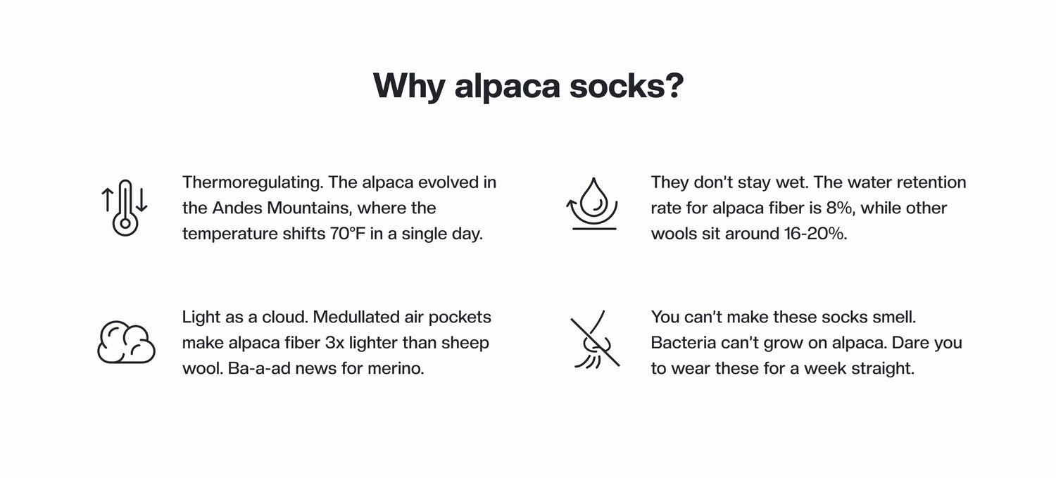 Why alpaca socks? Thermoregulating, Dont stay wet, Light as a cloud, Cant make them smell.