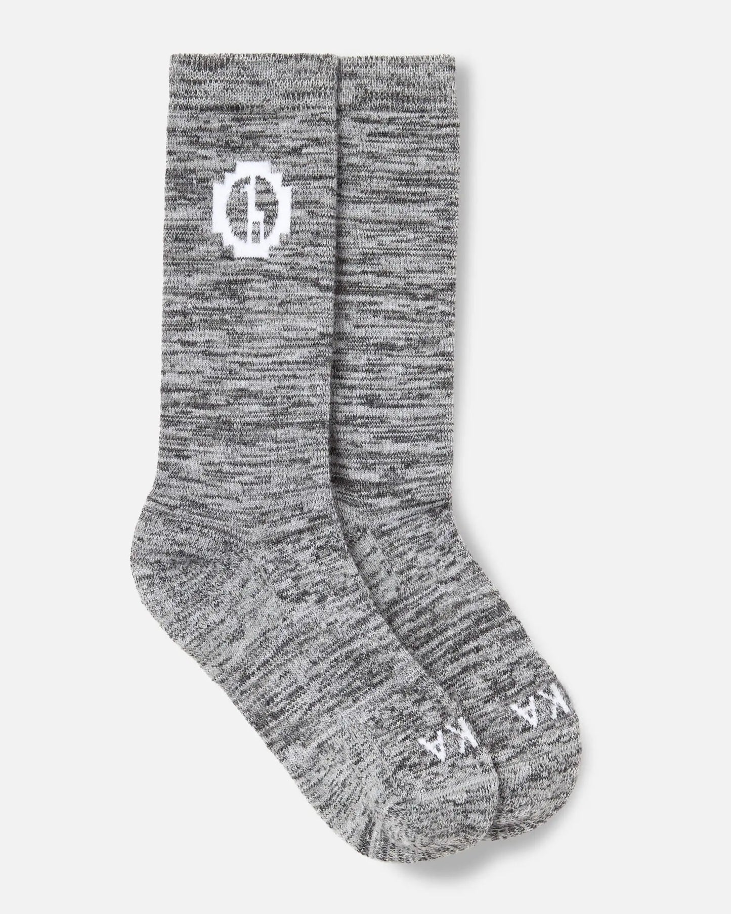 Spacedye grey alpaca socks with white logo