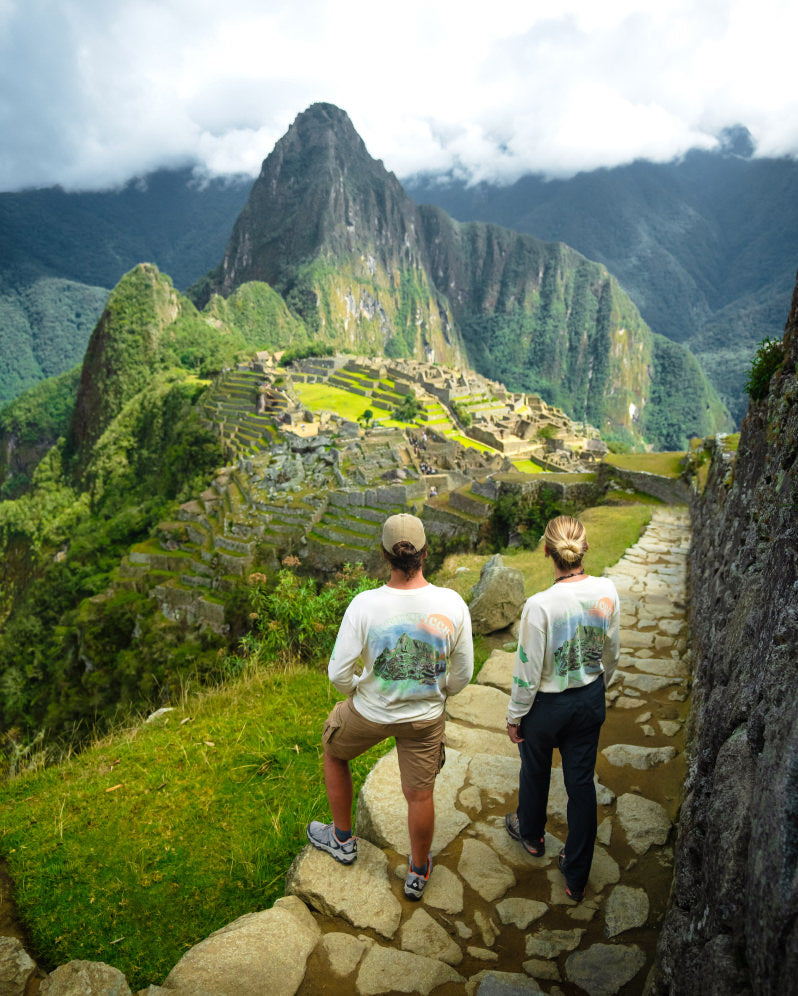 Long sleeve off white machu picchu tee on model in Machu Picchu