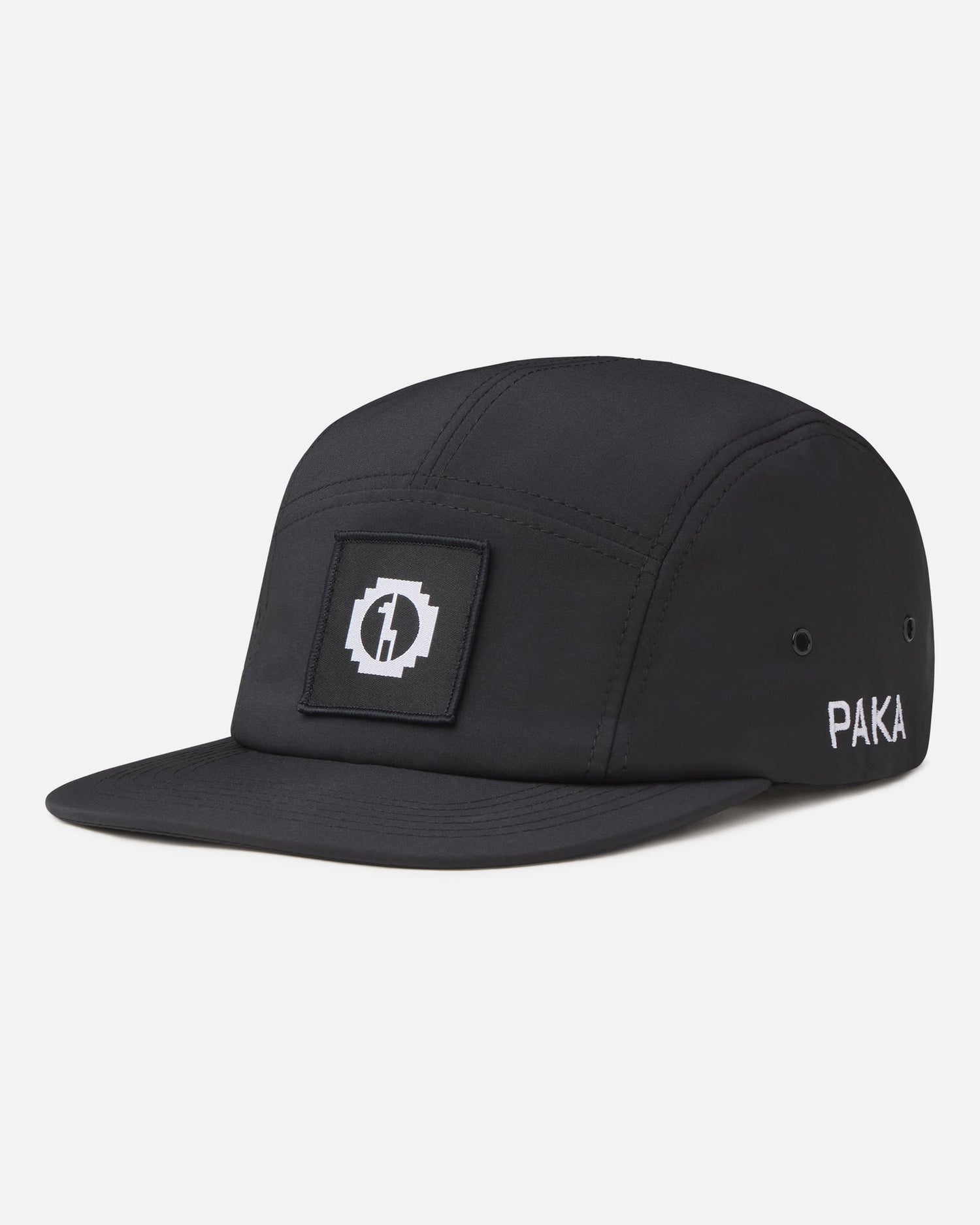 black 5 panel alpaca hat with paka logo on front and paka text on side