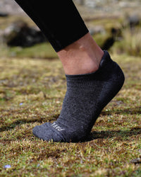 Foot Arched on Grass Wearing Dark Grey Alpaca Wool Ankle Sock from Peru – PAKA Apparel