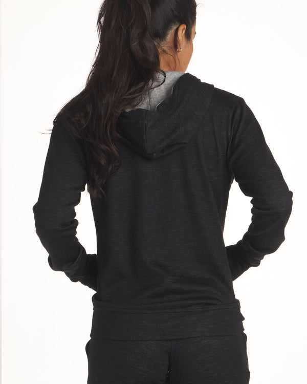 Back shot of Breathe Hoodie on Female Model