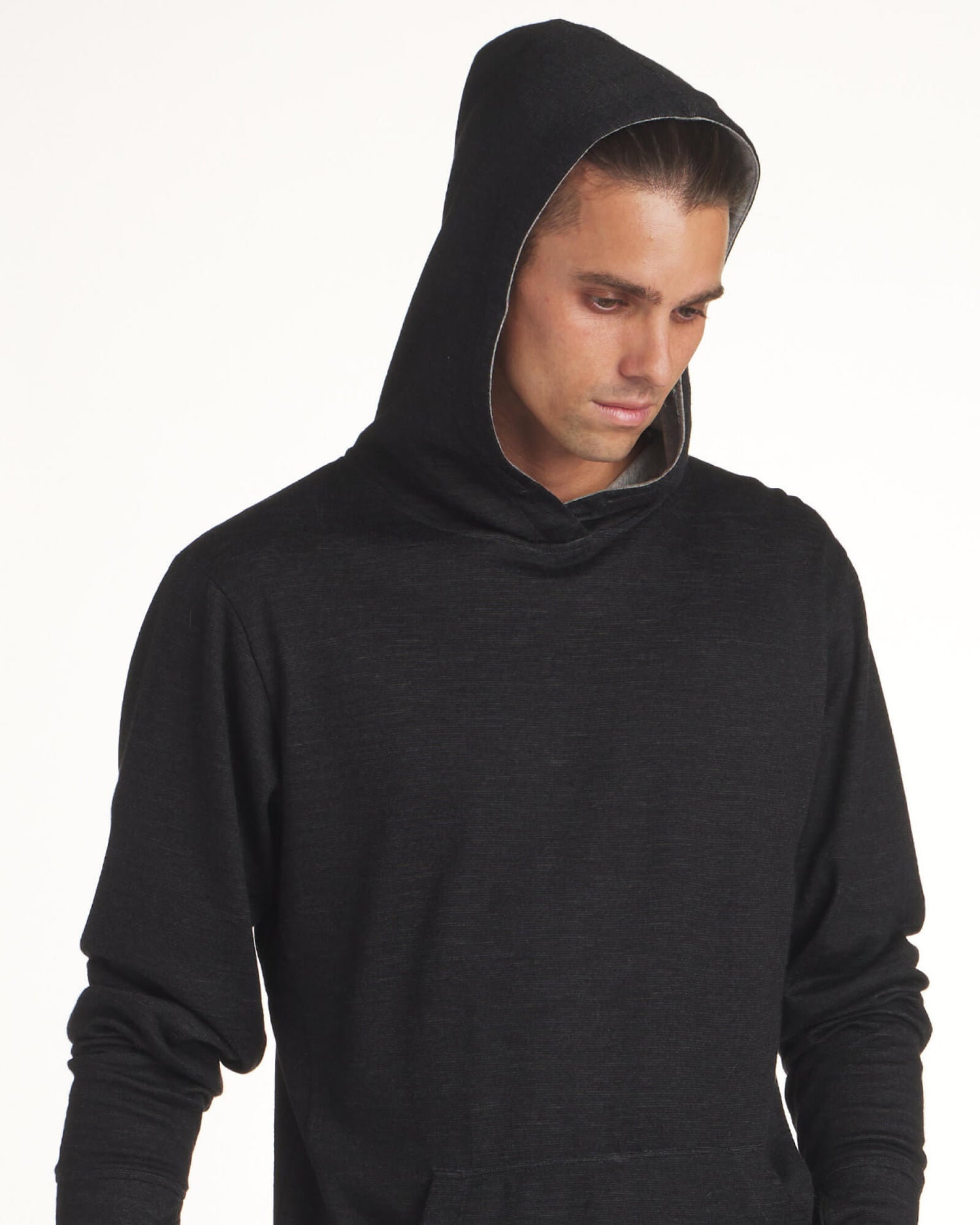 model wearing black alpaca hoodie 