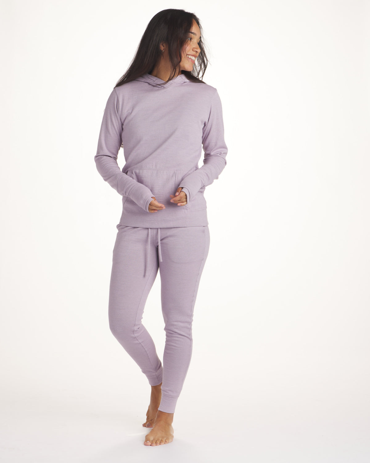 women's lavender breathe joggers on model