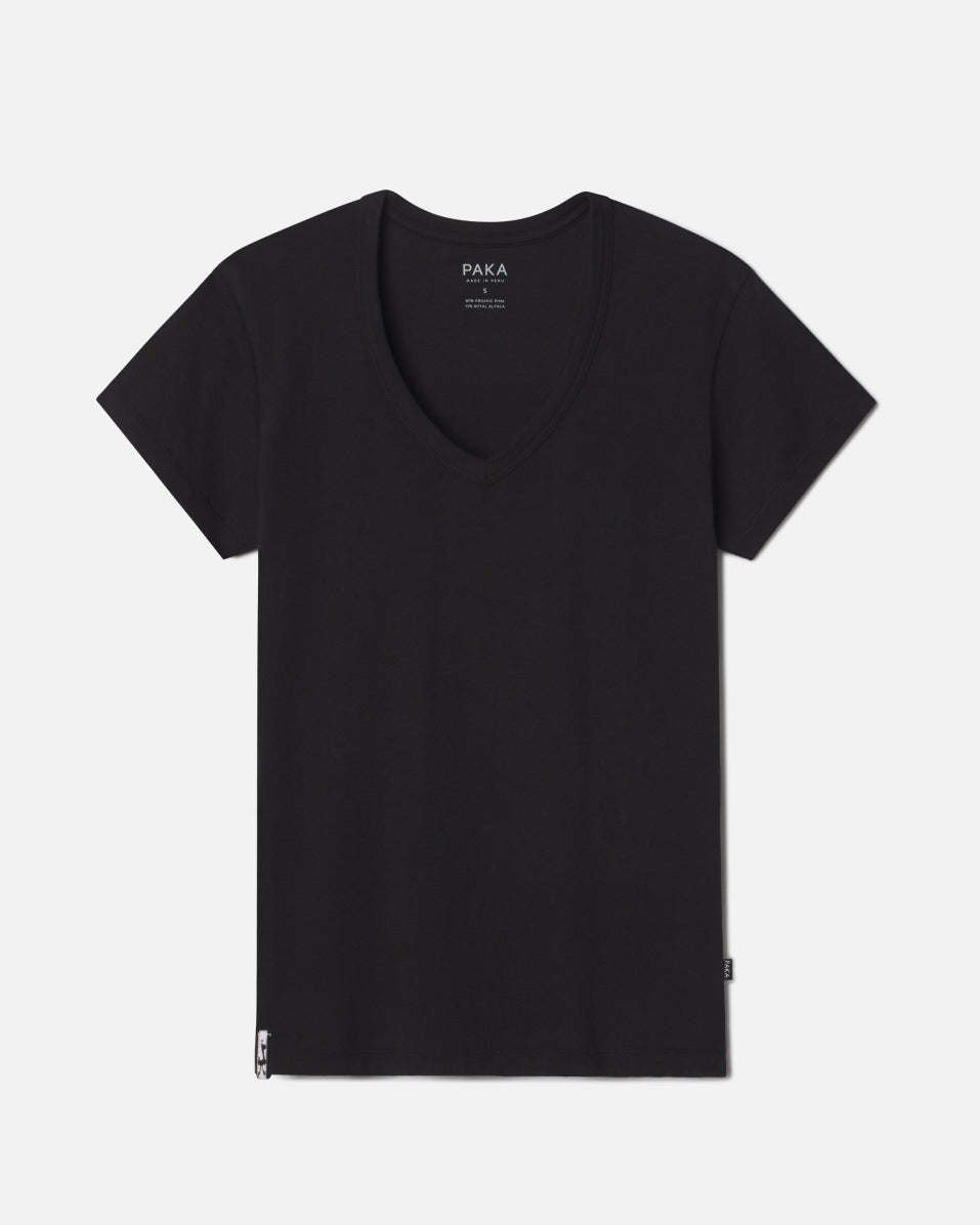 Woman's v neck tee in black flat lay