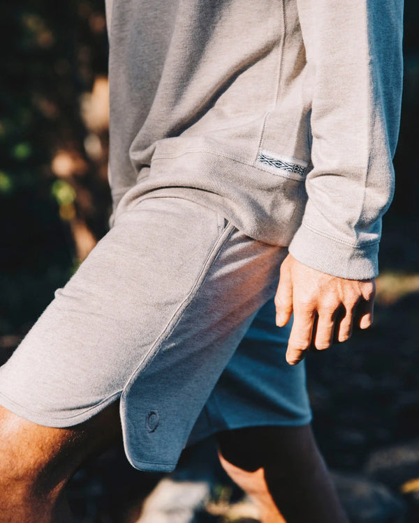 Close-Up of Timber / Grey Men's Alpaca, Tencel and Pima Cotton Terry Shorts on Model – PAKA Apparel