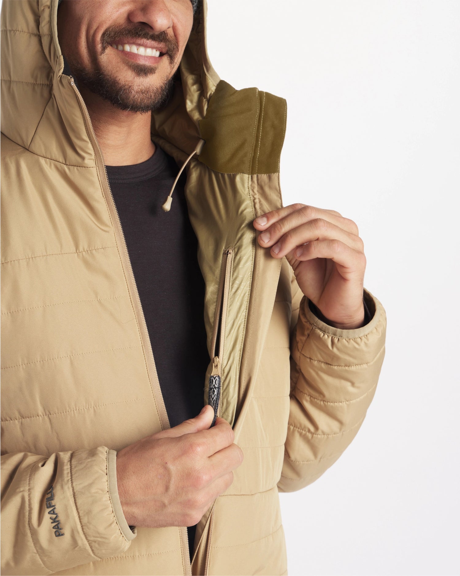 Interior zipper in mens tan jacket