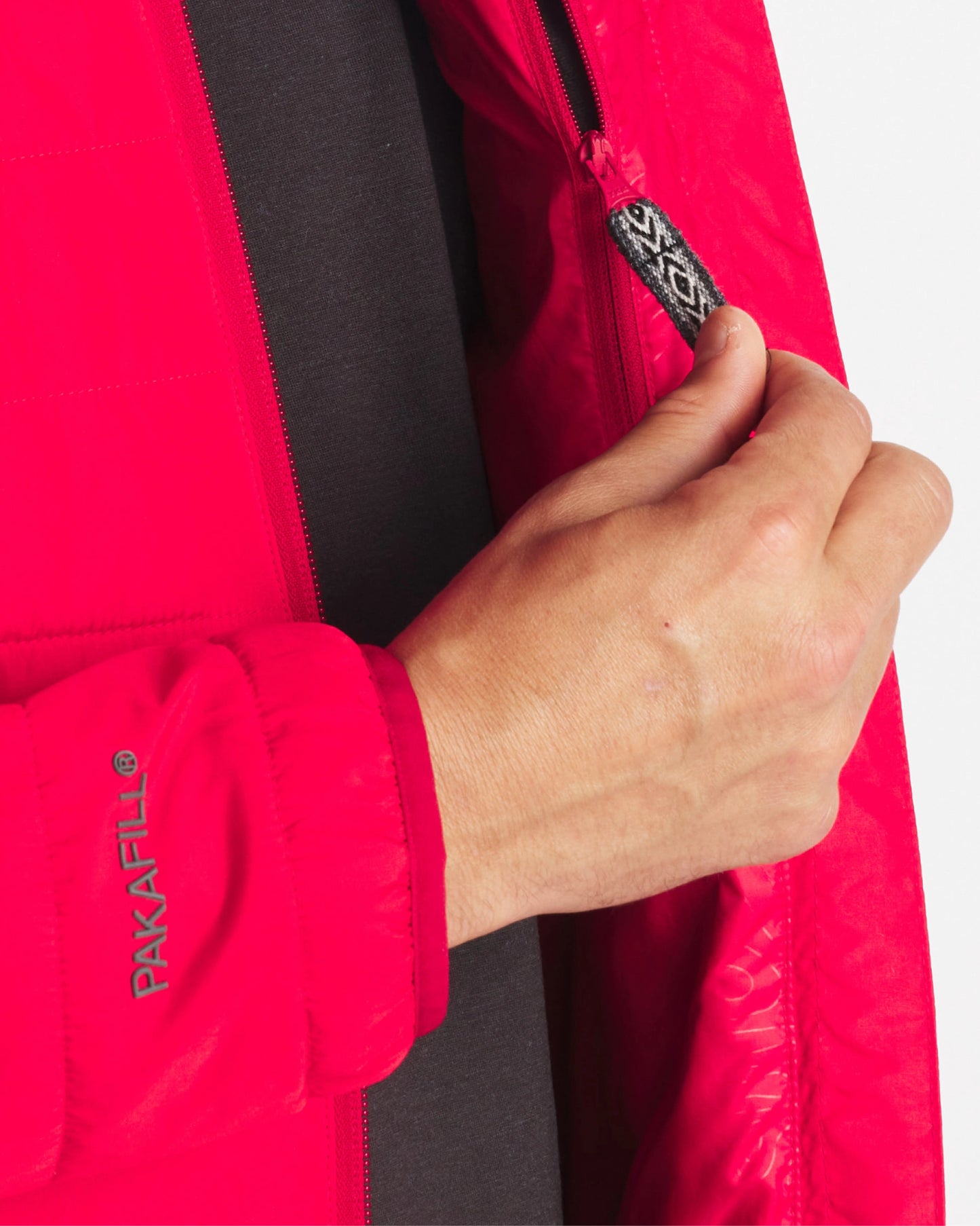 Red mens jacket with zipper puller