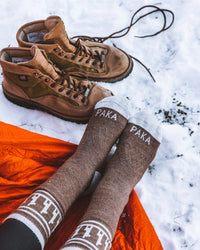 Feet Wearing Costa Coffee / Brown Alpaca Wool Thermal Sock Resting Above Snow Next to Boots – PAKA Apparel