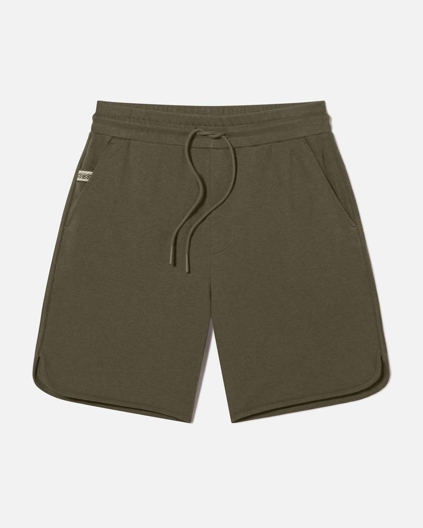 Green men's alpaca terry shorts flat lay