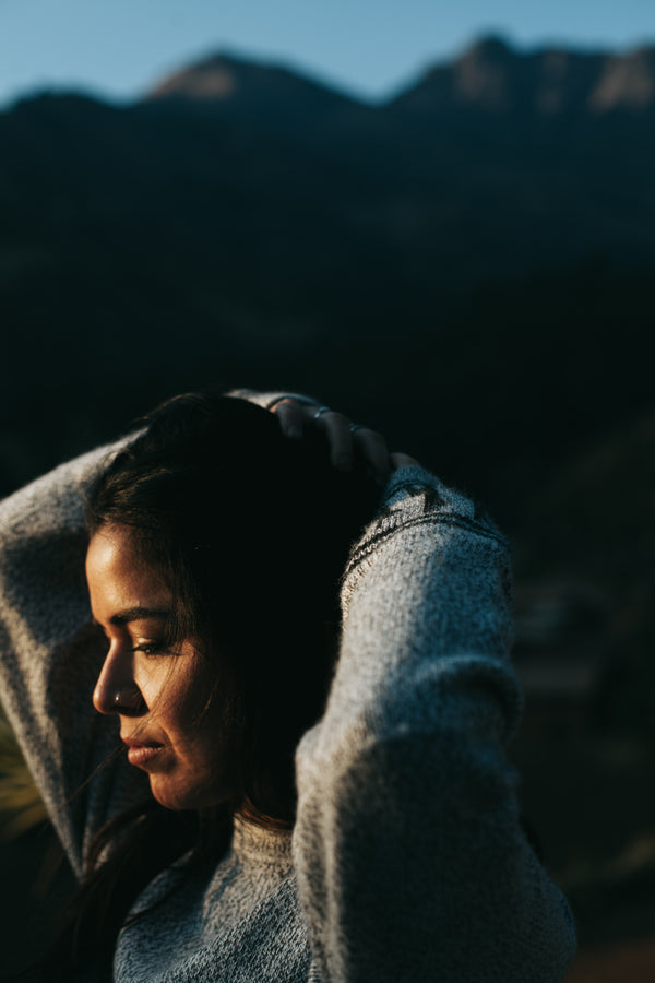 Silhouette of the Costa alpaca sweater on Woman Model by Paka Apparel