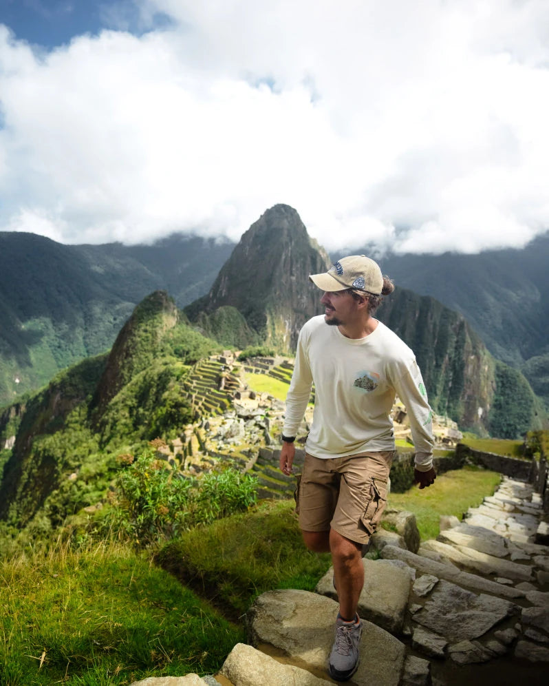 Long sleeve off white machu picchu tee on model in Machu Picchu