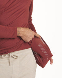 Close Up of Text on Underside of Clay / Red Aire Men's Alpaca Long Sleeve Shirt – PAKA Apparel