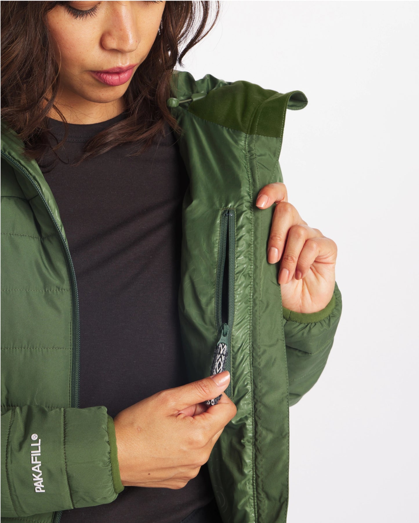 Green womens puffer jacket with interior zipper