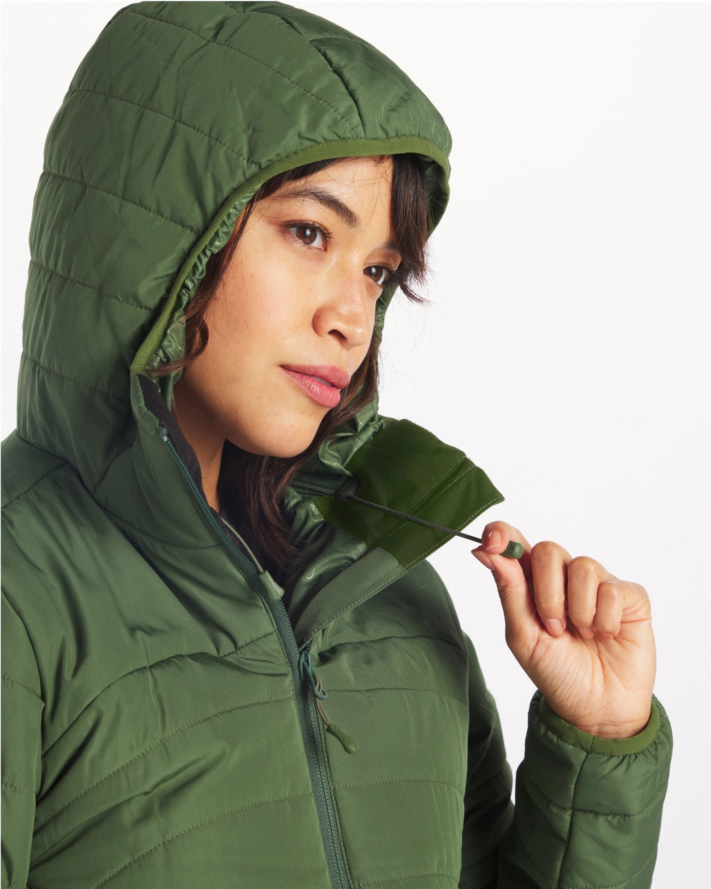 Green womens puffer jacket with draw cord