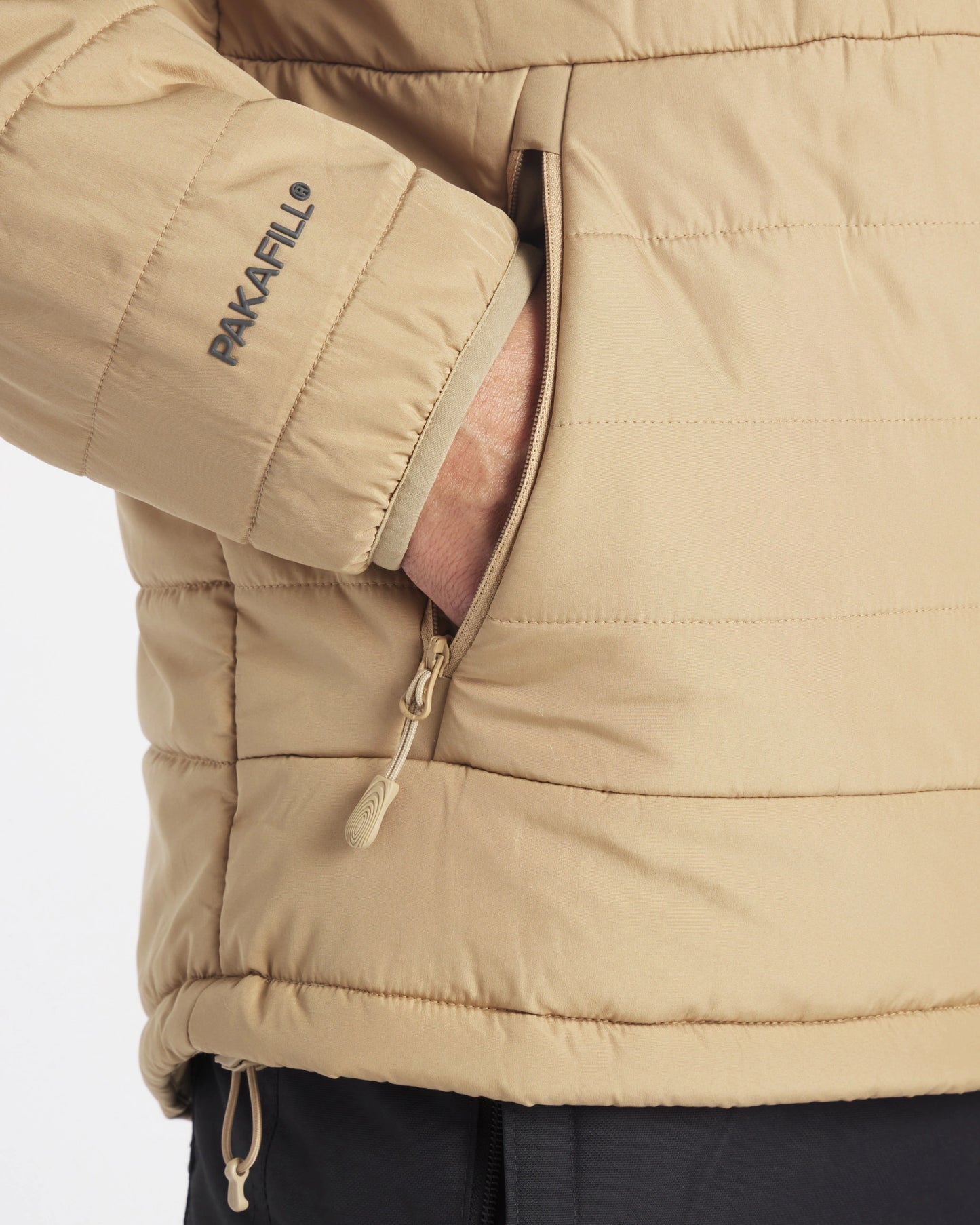 zipper pocket on mens puffer jacket with draw cord and lock