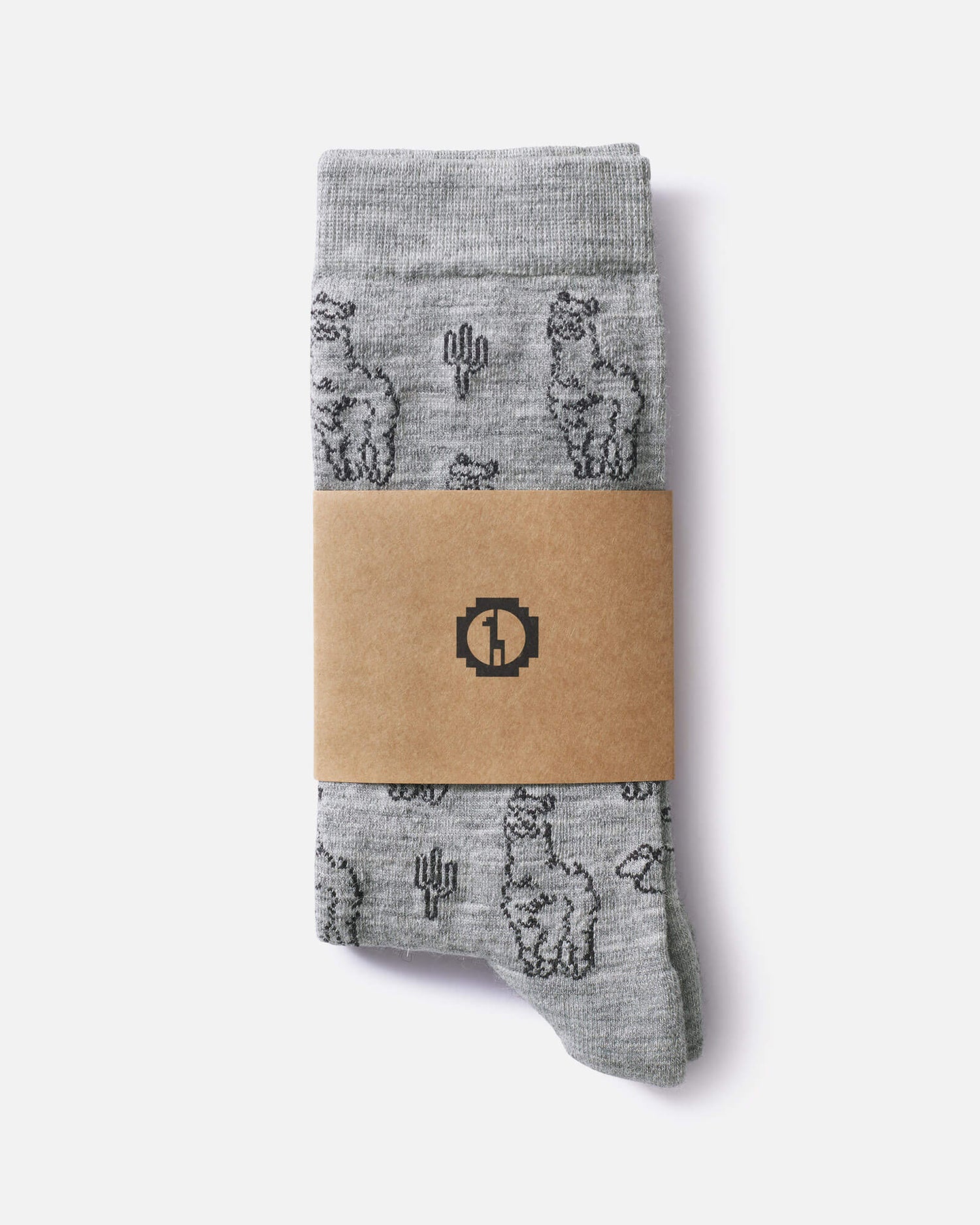 Grey sebastian the alpaca socks in packaging 