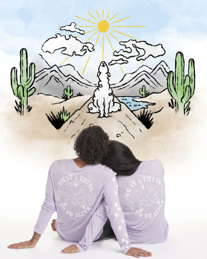 Lavender alpaca base layer on male and female model 