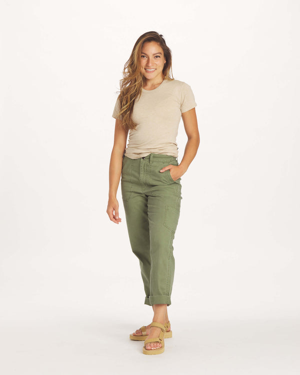 Full Height Shot of Model in Sandstone / Tan Women's Natural T-Shirt – PAKA Apparel